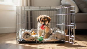 Puppy crate training at night with sleeping dog in crate