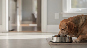 Dog Resource Guarding with dog eating from food bowl indoors