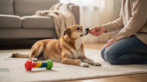 Dog Resource Guarding training with treat and toy indoors
