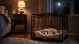 Puppy crate training at night with sleeping dog in crate