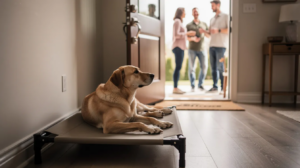 Dog shaking excitement while calm near guests