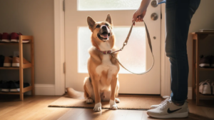 Dog shaking excitement before a walk by the door