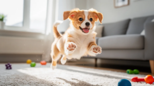 How to calm a hyper puppy jumping indoors with colorful toys