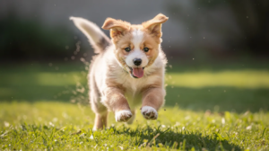 How to calm a hyper puppy running on grass outdoors