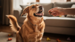Trick training for dogs with treat reward at home