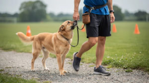 Trick training for dogs during outdoor heel work