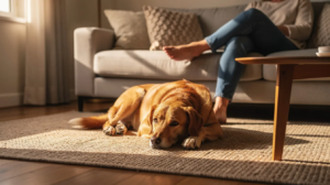 Why do dogs hump? Calm dog resting beside owner at home
