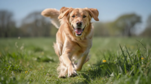 Why do dogs hump? Happy golden dog running in grass