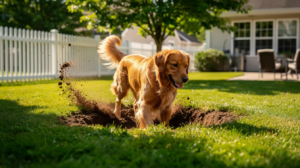 Why do dogs dig holes in a sunny backyard lawn