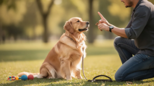 The image depicts a golden retriever puppy engaged in a training session, showcasing its intelligent and eager demeanor. The puppy is surrounded by training tools like chew toys and a leash, illustrating key aspects of golden retriever training, such as positive reinforcement and basic obedience commands.