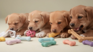 The image depicts a teething puppy with swollen gums and tiny baby teeth, surrounded by a variety of safe chew toys designed to soothe sore gums during this natural teething process. The puppy appears playful and curious, showcasing the typical behavior of puppies as they navigate through the teething stages.