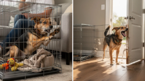 The image depicts a dog sitting calmly inside a crate, which is positioned in a cozy corner of a room, showcasing a safe space for crate training. In the background, a few toys and a baby gate can be seen, illustrating the importance of mental stimulation and a secure environment for dogs with anxiety.