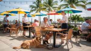 The image features a vibrant outdoor dining area of a dog-friendly restaurant in Fort Myers, showcasing patrons enjoying their meals while their furry friends relax beside them on leashes. The setting includes lush greenery, comfortable seating, and a lively atmosphere, perfect for enjoying fresh air with pets.