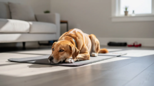 The image depicts a well-behaved dog lying calmly on a mat, demonstrating the "settle on mat" training technique. The dog is in a relaxed down position, showcasing its self-control and ability to remain calm in a safe space.