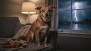 The image depicts an anxious dog curled up in a cozy corner of an interior room, with its ears perked up and eyes wide, reacting to the loud noises of an approaching thunderstorm. The dog's fearful behavior illustrates common signs of storm anxiety, creating a safe haven amidst the scary stimulus of thunder and rain.