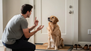 The image depicts a calm dog sitting on a designated spot near the front door, appearing relaxed as the doorbell rings, while a family member stands beside it, ready to reward the dog with a high-value treat for its good behavior. The scene emphasizes the training process to teach the dog to remain calm and not bark at the doorbell sounds.