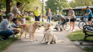 The image depicts a new puppy interacting with an adult dog in a calm environment, showcasing relaxed body language as they engage in play. Surrounding them are various objects like high-value treats and sound recordings, emphasizing the importance of positive associations during the puppy's socialization period.