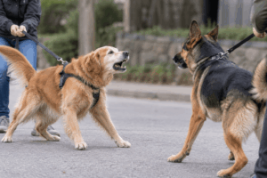 Leash-reactive dog barking as another dog passes