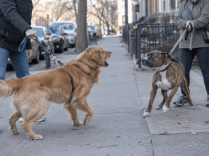 Dog showing signs of leash reactivity versus aggression