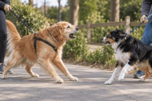 Trainer managing leash reactivity during a dog walk