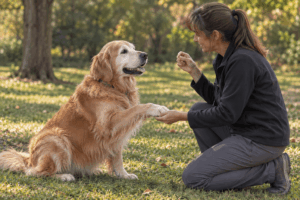 Trainer practicing basic commands while training senior dogs