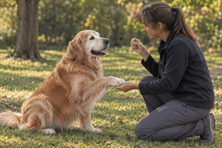 Trainer practicing basic commands while training senior dogs